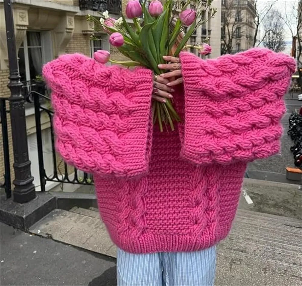 Women's Oversized Cable Knit Sweaters, Fall Casual Loose Long Sleeve Chunky Knitted Pullover Sweater Tops