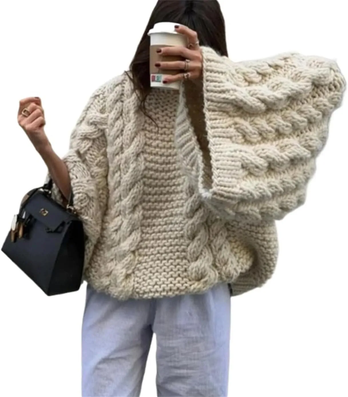 Women's Oversized Cable Knit Sweaters, Fall Casual Loose Long Sleeve Chunky Knitted Pullover Sweater Tops