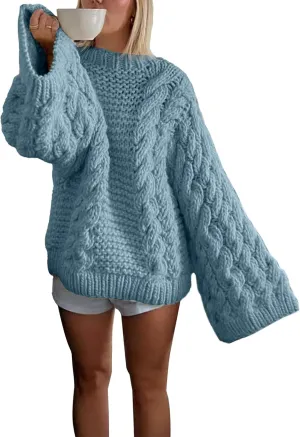 Women's Oversized Cable Knit Sweaters, Fall Casual Loose Long Sleeve Chunky Knitted Pullover Sweater Tops