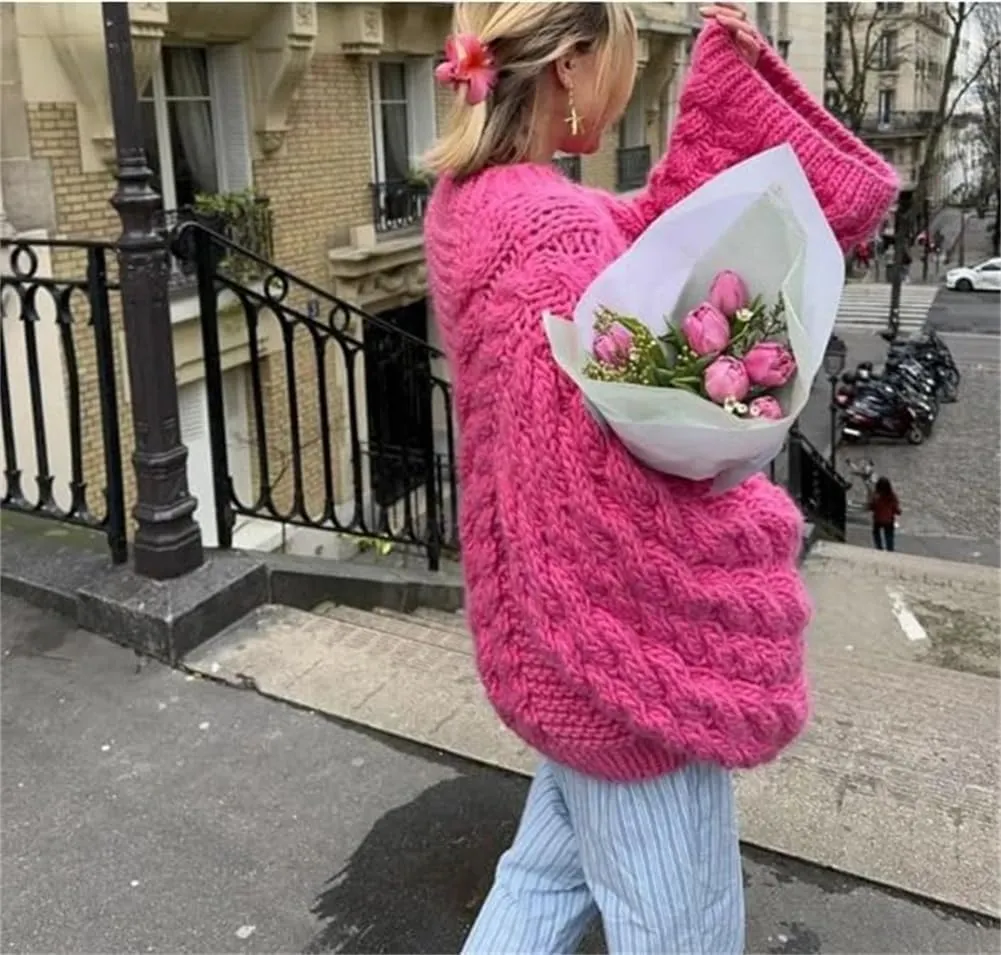 Women's Oversized Cable Knit Sweaters, Fall Casual Loose Long Sleeve Chunky Knitted Pullover Sweater Tops