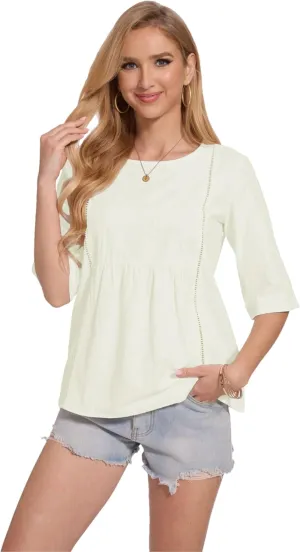 Womens Oversized Cotton Linen Shirt Summer 3/4 Sleeve Crew Neck Loose Fit Solid Casual Blouse Tops