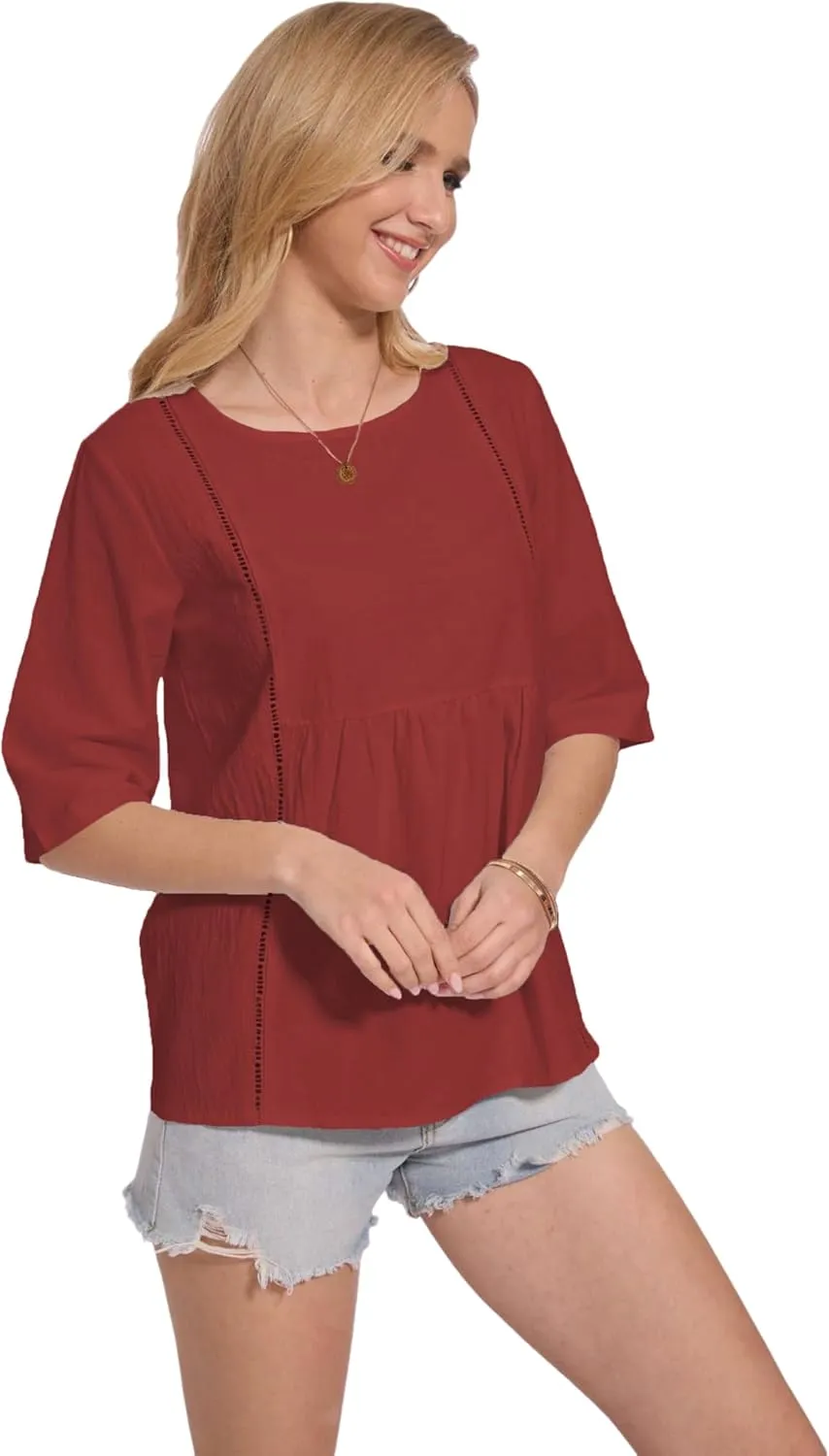 Womens Oversized Cotton Linen Shirt Summer 3/4 Sleeve Crew Neck Loose Fit Solid Casual Blouse Tops
