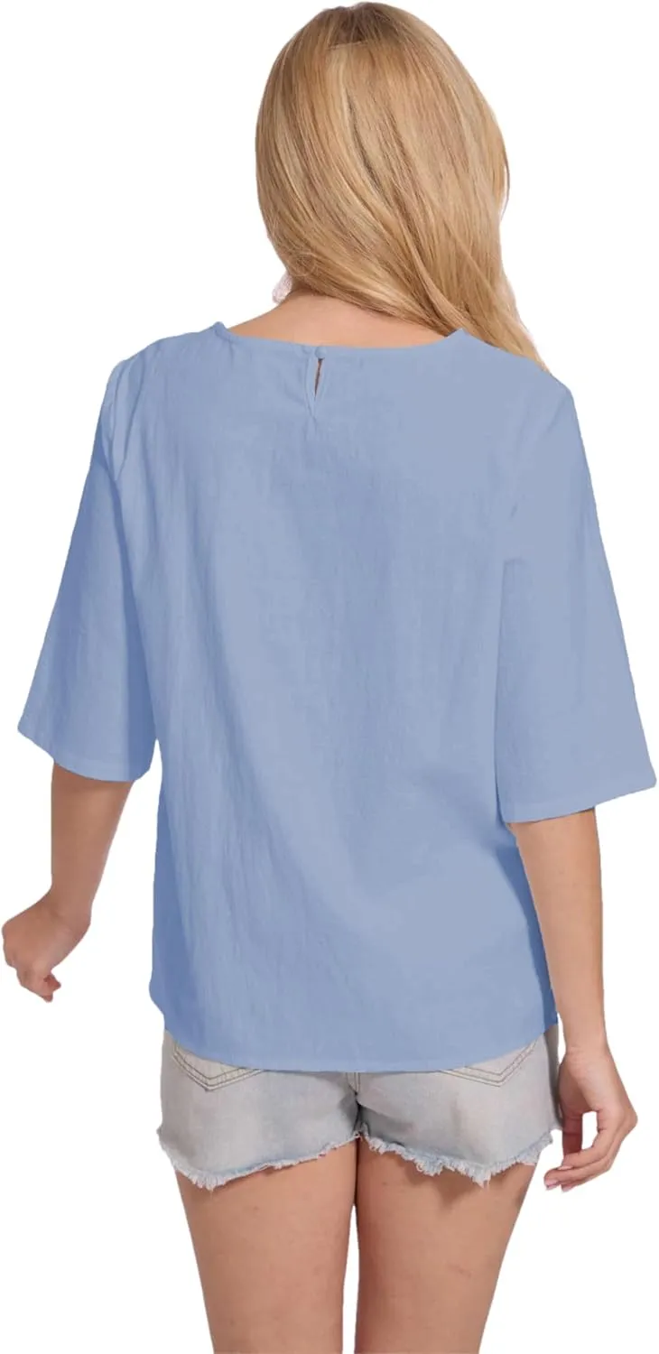 Womens Oversized Cotton Linen Shirt Summer 3/4 Sleeve Crew Neck Loose Fit Solid Casual Blouse Tops