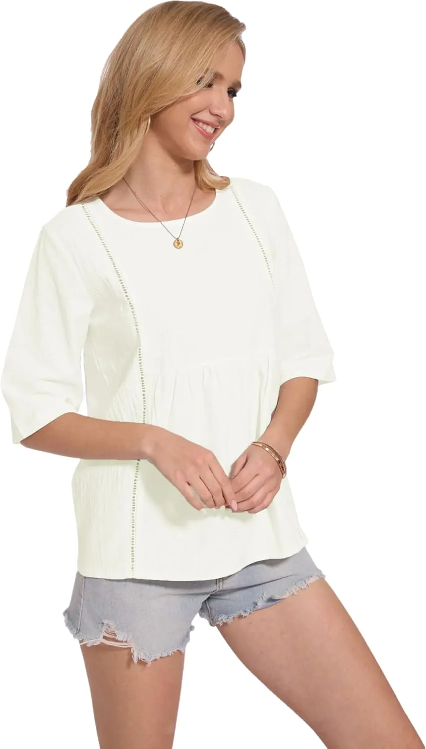 Womens Oversized Cotton Linen Shirt Summer 3/4 Sleeve Crew Neck Loose Fit Solid Casual Blouse Tops
