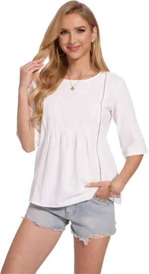 Womens Oversized Cotton Linen Shirt Summer 3/4 Sleeve Crew Neck Loose Fit Solid Casual Blouse Tops
