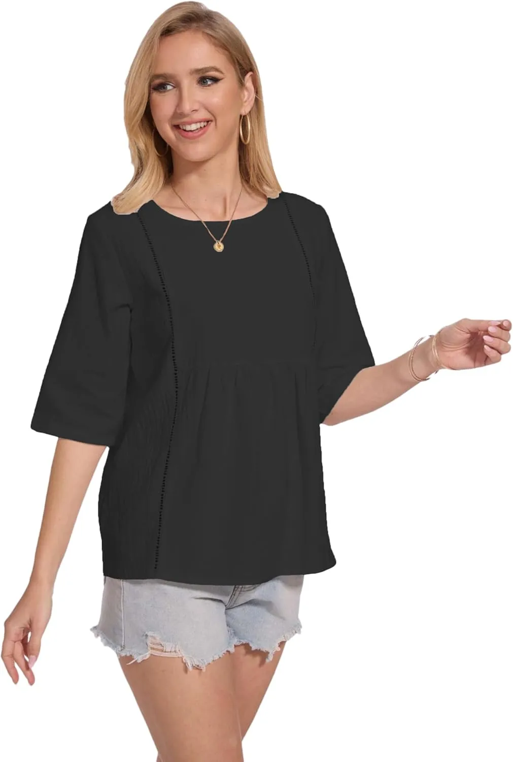 Womens Oversized Cotton Linen Shirt Summer 3/4 Sleeve Crew Neck Loose Fit Solid Casual Blouse Tops