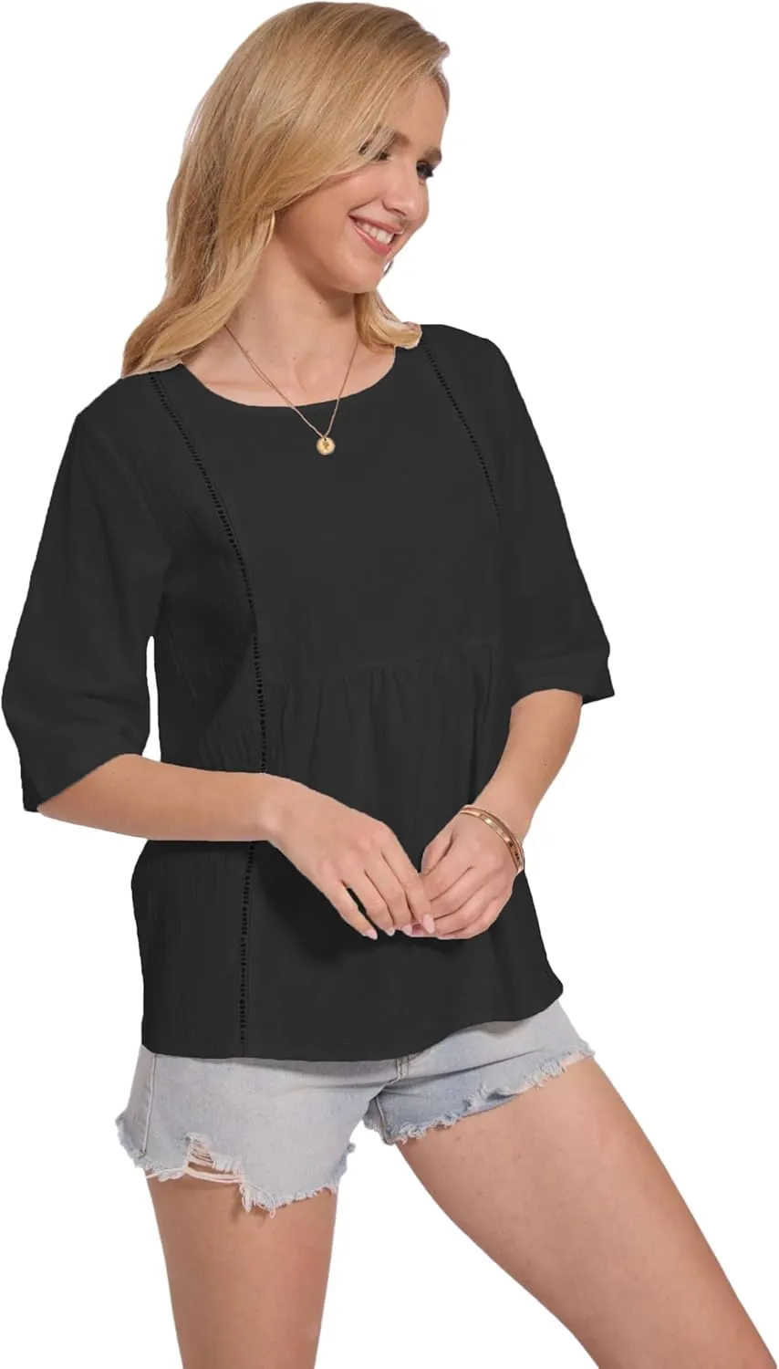 Womens Oversized Cotton Linen Shirt Summer 3/4 Sleeve Crew Neck Loose Fit Solid Casual Blouse Tops