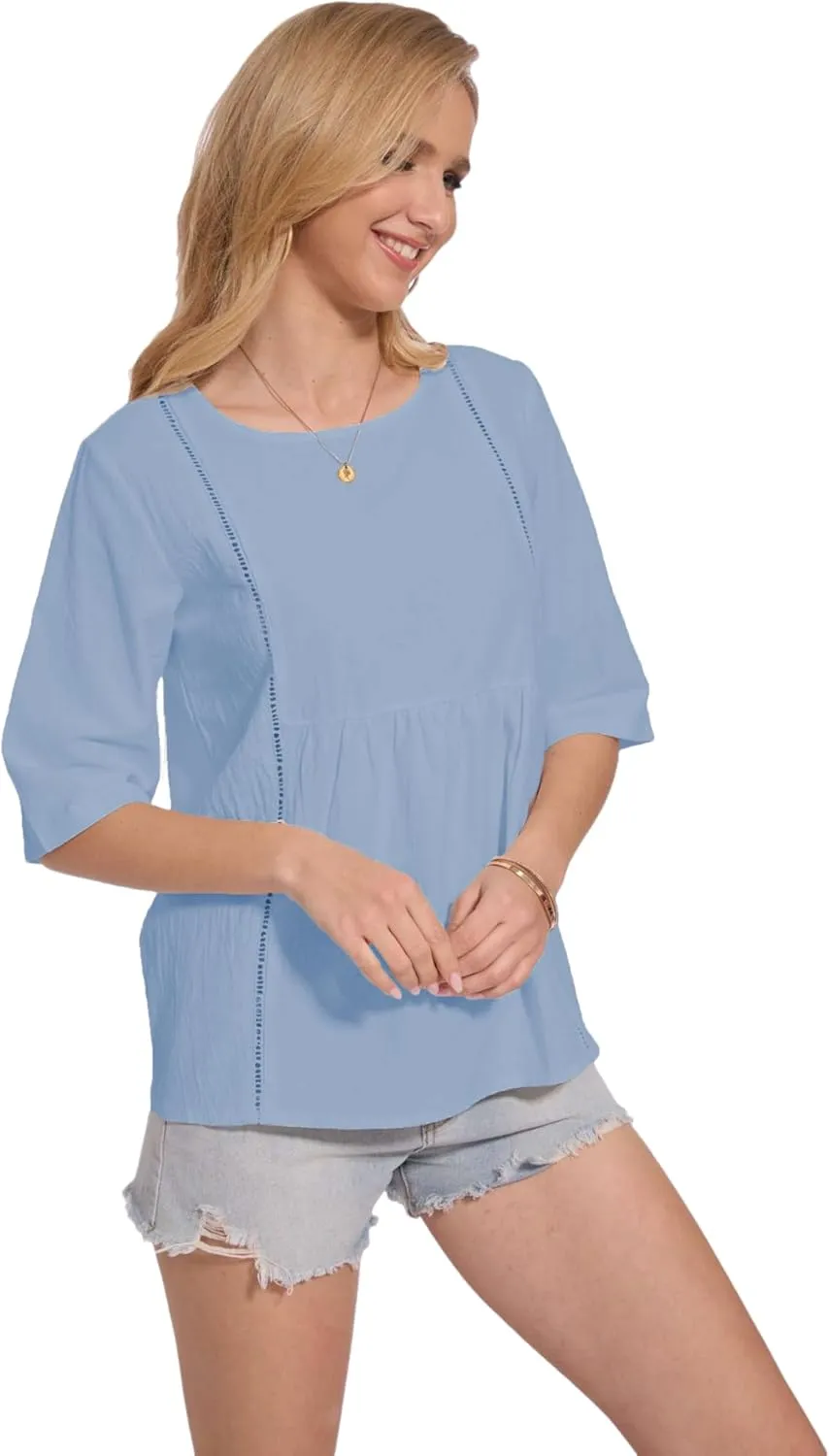Womens Oversized Cotton Linen Shirt Summer 3/4 Sleeve Crew Neck Loose Fit Solid Casual Blouse Tops