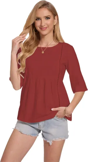 Womens Oversized Cotton Linen Shirt Summer 3/4 Sleeve Crew Neck Loose Fit Solid Casual Blouse Tops