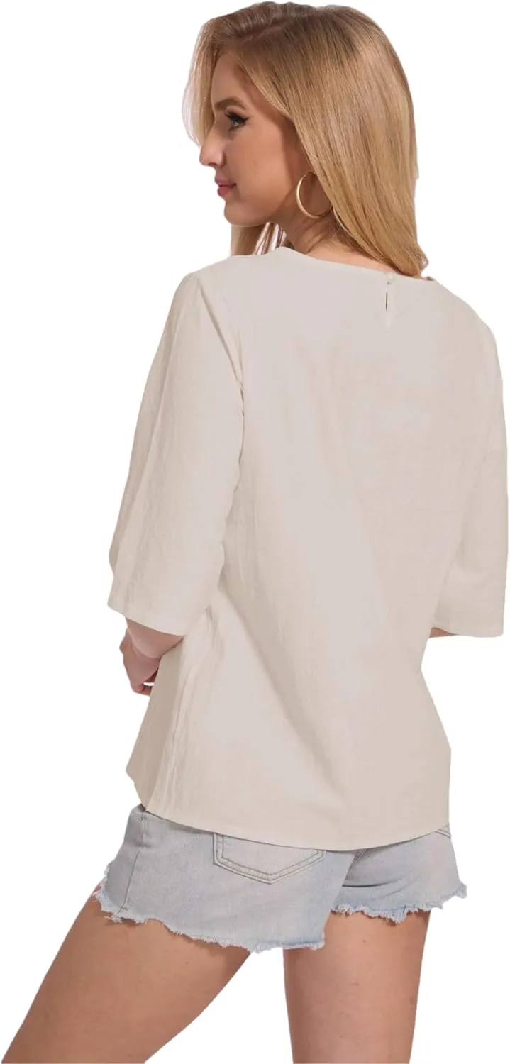 Womens Oversized Cotton Linen Shirt Summer 3/4 Sleeve Crew Neck Loose Fit Solid Casual Blouse Tops
