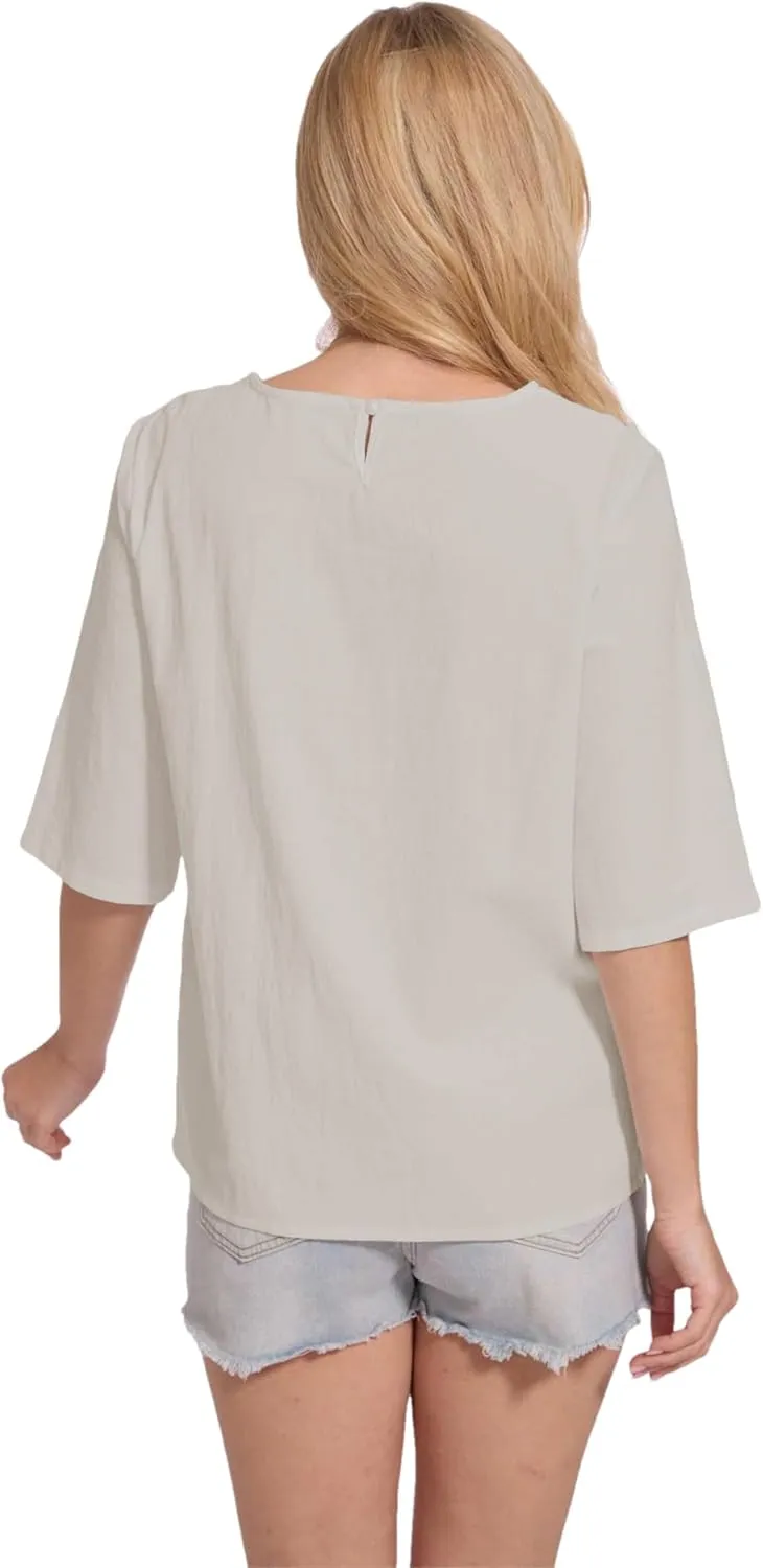 Womens Oversized Cotton Linen Shirt Summer 3/4 Sleeve Crew Neck Loose Fit Solid Casual Blouse Tops