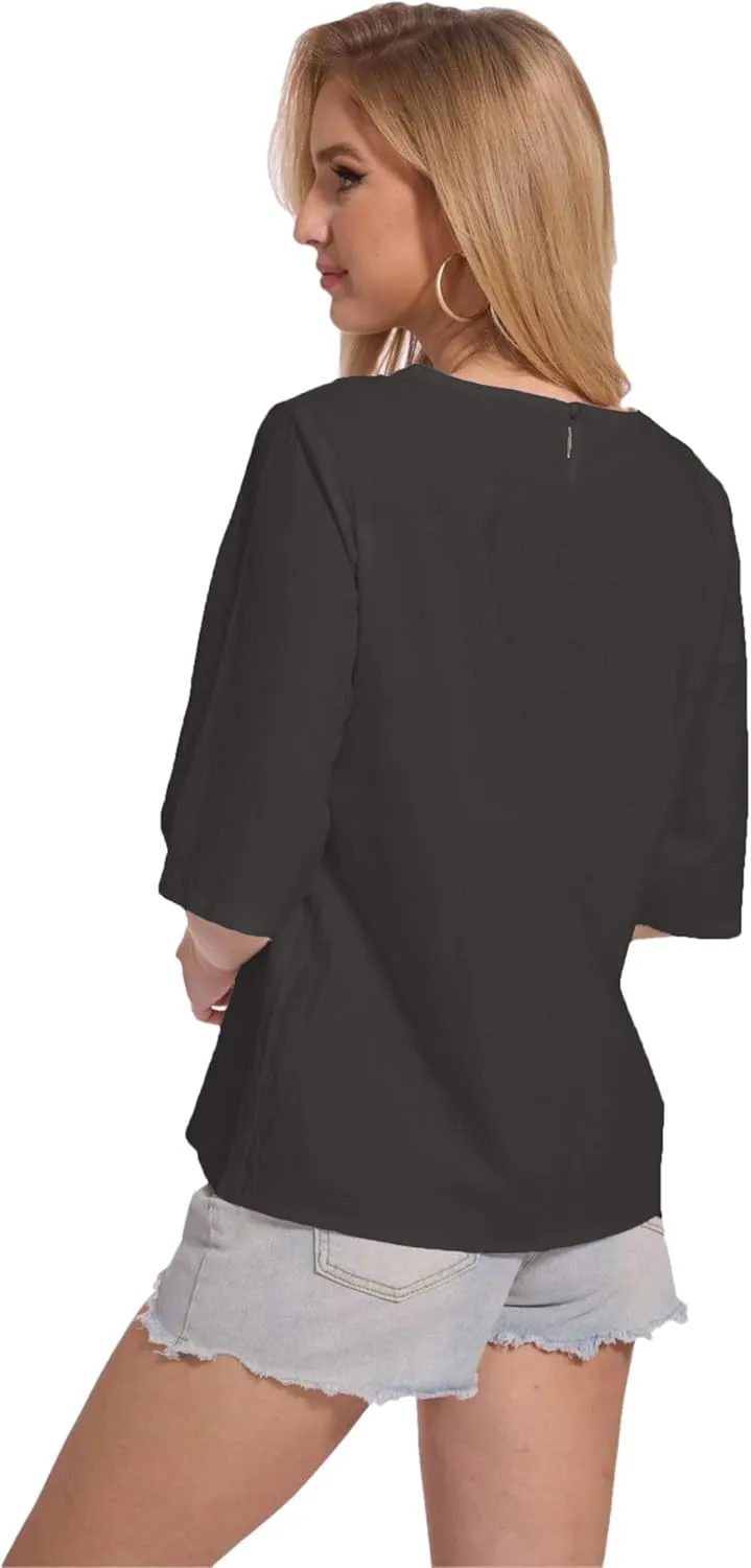 Womens Oversized Cotton Linen Shirt Summer 3/4 Sleeve Crew Neck Loose Fit Solid Casual Blouse Tops
