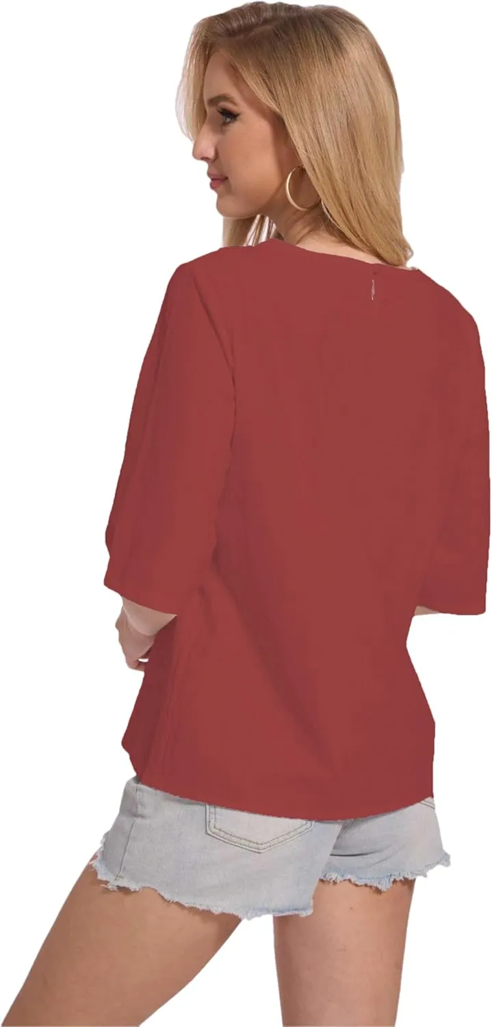 Womens Oversized Cotton Linen Shirt Summer 3/4 Sleeve Crew Neck Loose Fit Solid Casual Blouse Tops