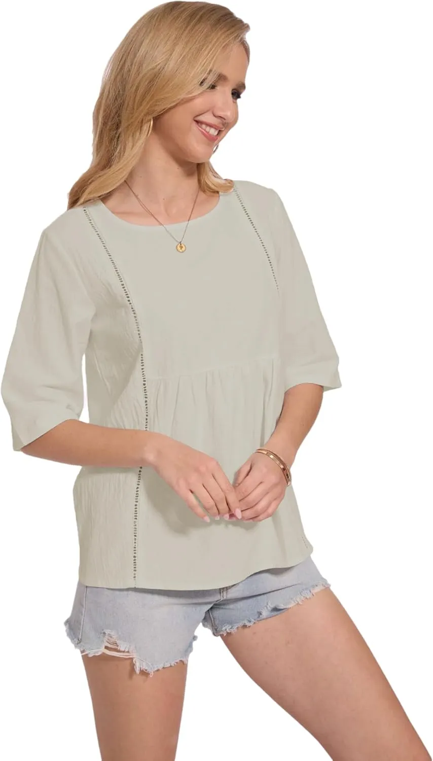 Womens Oversized Cotton Linen Shirt Summer 3/4 Sleeve Crew Neck Loose Fit Solid Casual Blouse Tops