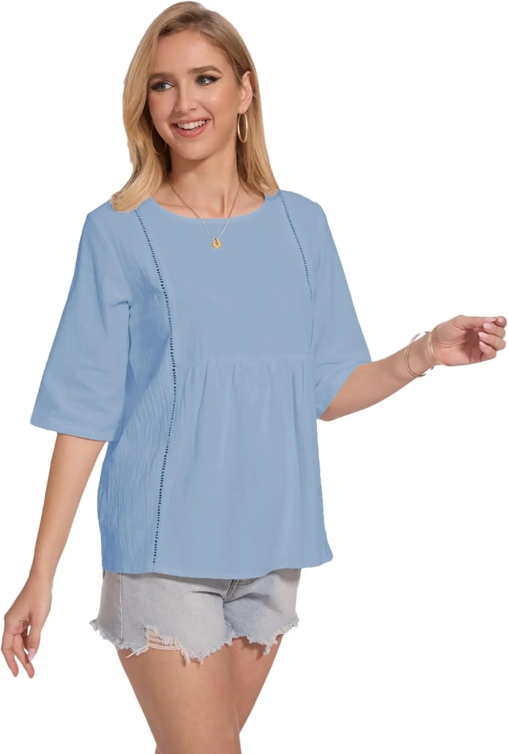 Womens Oversized Cotton Linen Shirt Summer 3/4 Sleeve Crew Neck Loose Fit Solid Casual Blouse Tops
