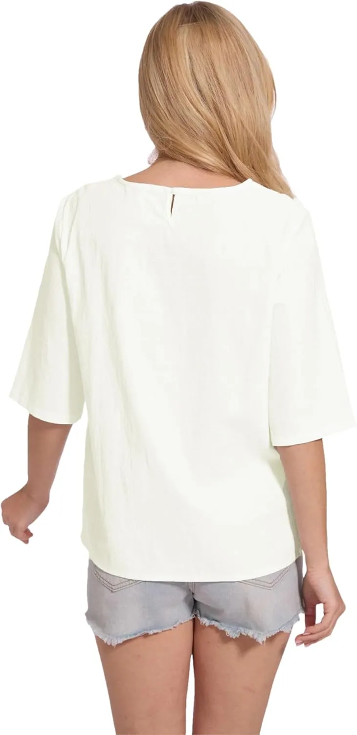 Womens Oversized Cotton Linen Shirt Summer 3/4 Sleeve Crew Neck Loose Fit Solid Casual Blouse Tops