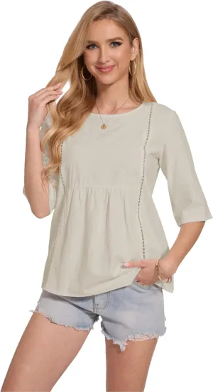 Womens Oversized Cotton Linen Shirt Summer 3/4 Sleeve Crew Neck Loose Fit Solid Casual Blouse Tops