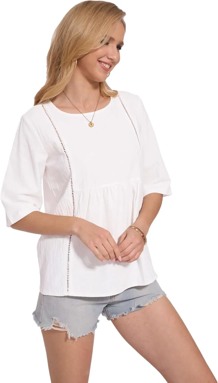 Womens Oversized Cotton Linen Shirt Summer 3/4 Sleeve Crew Neck Loose Fit Solid Casual Blouse Tops