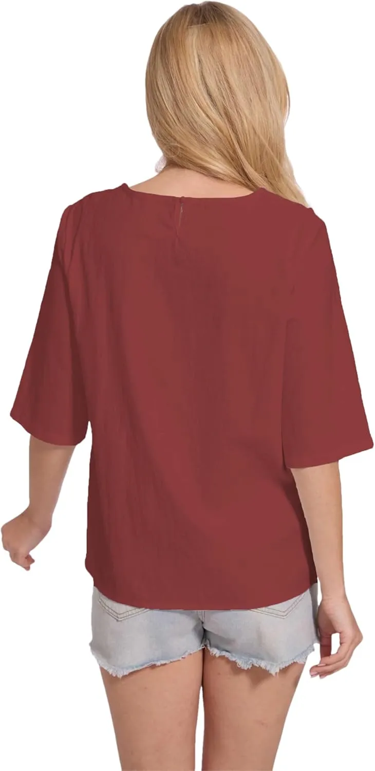 Womens Oversized Cotton Linen Shirt Summer 3/4 Sleeve Crew Neck Loose Fit Solid Casual Blouse Tops