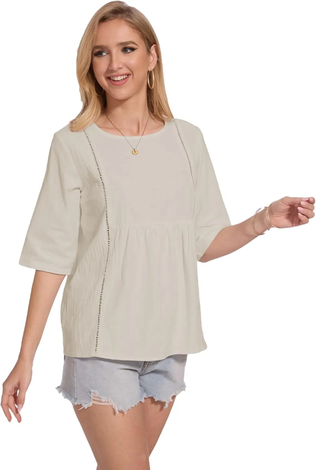 Womens Oversized Cotton Linen Shirt Summer 3/4 Sleeve Crew Neck Loose Fit Solid Casual Blouse Tops