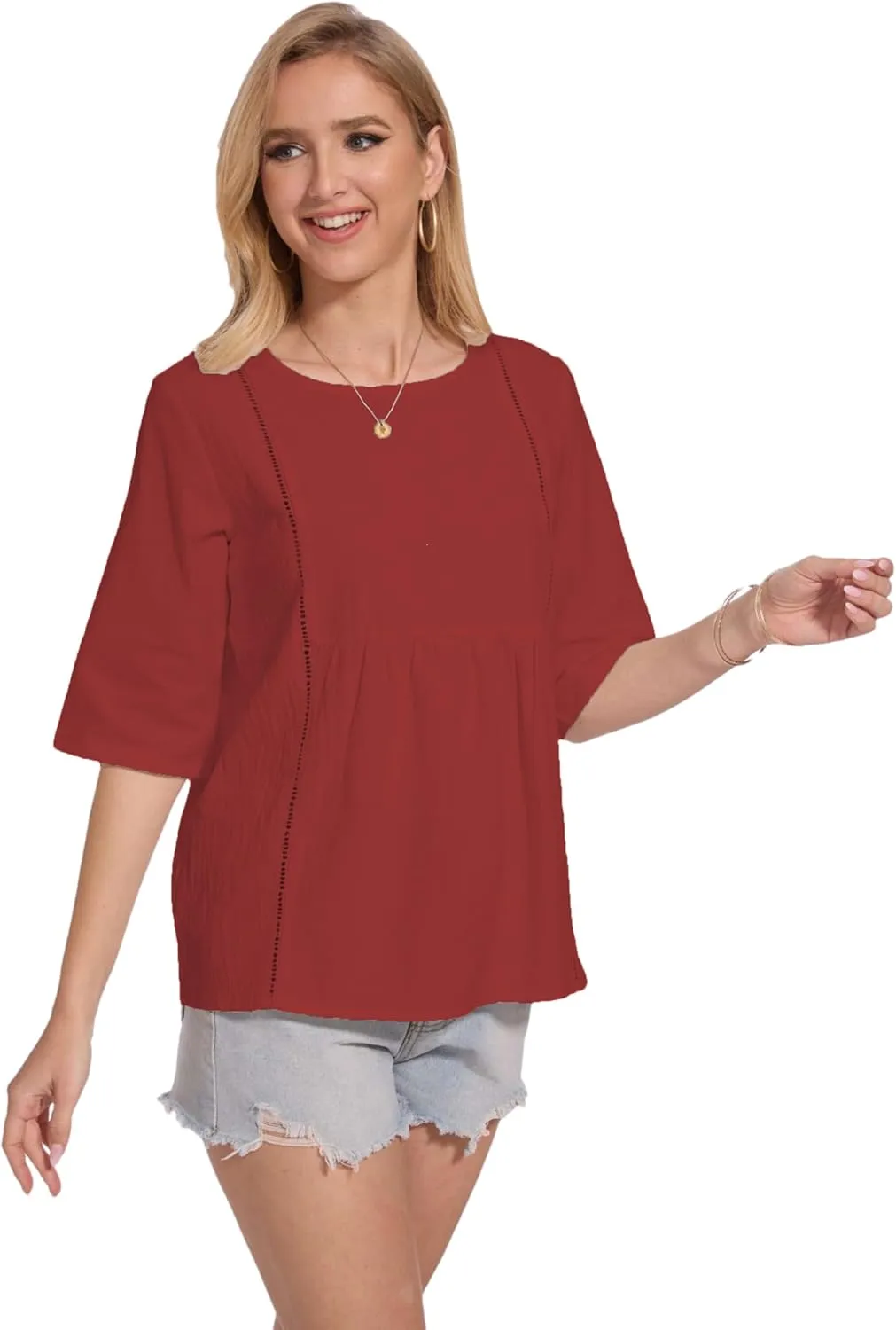 Womens Oversized Cotton Linen Shirt Summer 3/4 Sleeve Crew Neck Loose Fit Solid Casual Blouse Tops