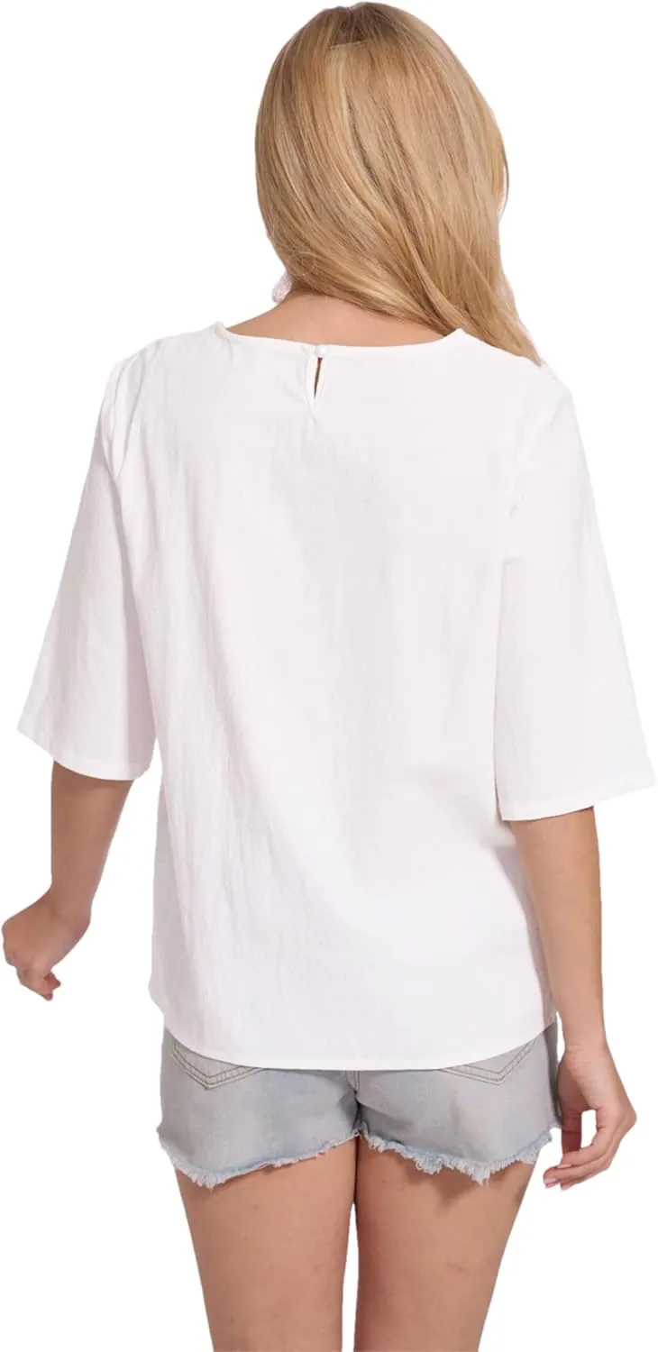 Womens Oversized Cotton Linen Shirt Summer 3/4 Sleeve Crew Neck Loose Fit Solid Casual Blouse Tops