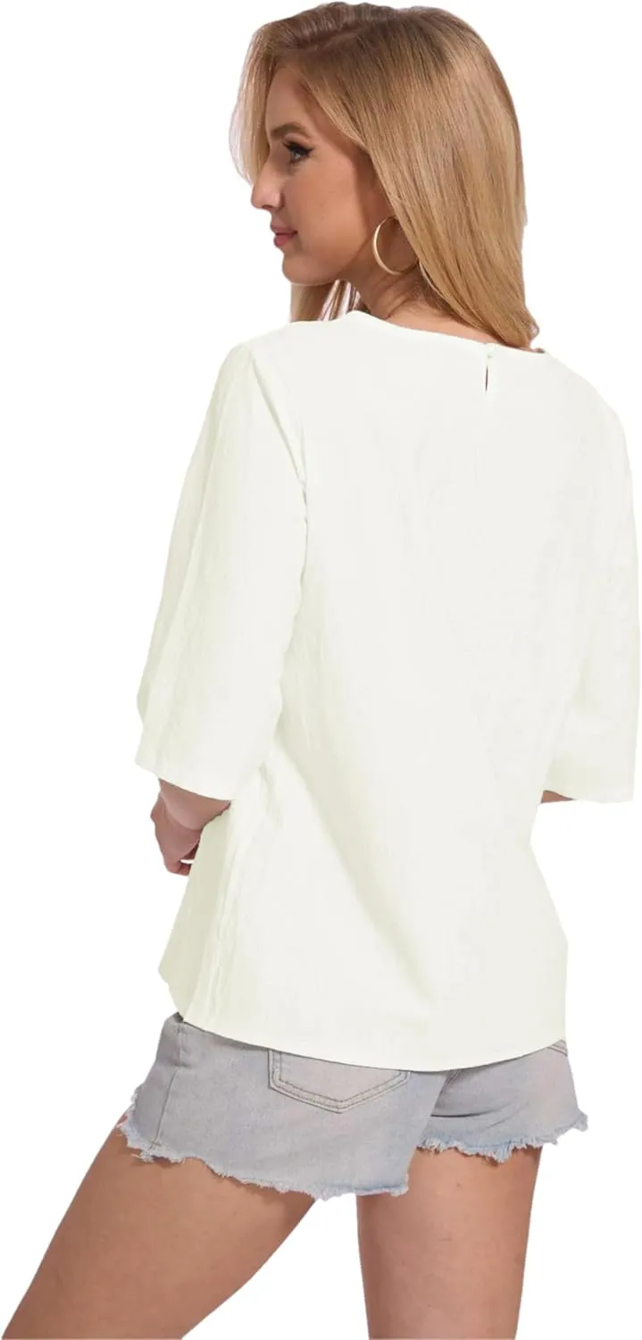 Womens Oversized Cotton Linen Shirt Summer 3/4 Sleeve Crew Neck Loose Fit Solid Casual Blouse Tops