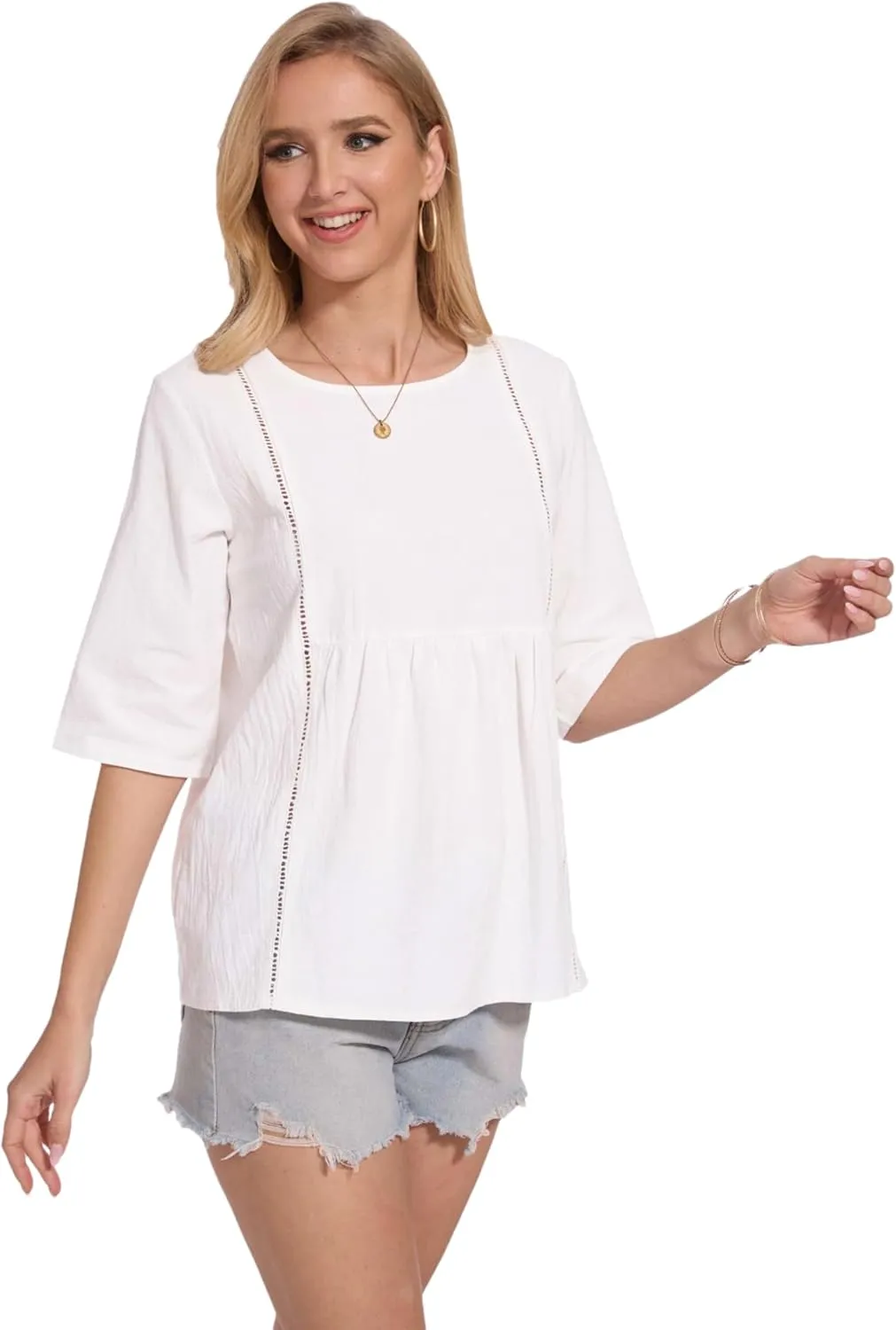 Womens Oversized Cotton Linen Shirt Summer 3/4 Sleeve Crew Neck Loose Fit Solid Casual Blouse Tops
