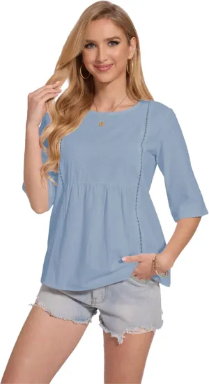 Womens Oversized Cotton Linen Shirt Summer 3/4 Sleeve Crew Neck Loose Fit Solid Casual Blouse Tops