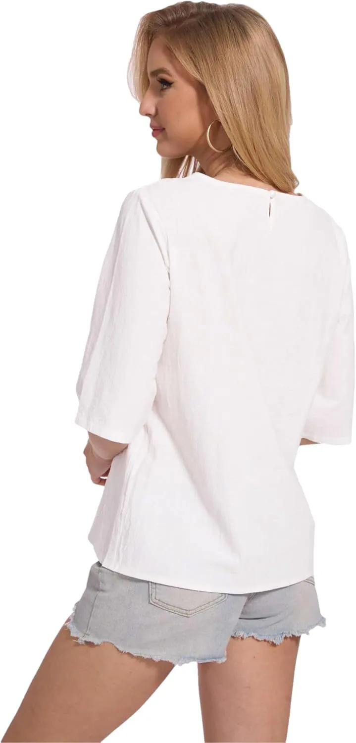 Womens Oversized Cotton Linen Shirt Summer 3/4 Sleeve Crew Neck Loose Fit Solid Casual Blouse Tops