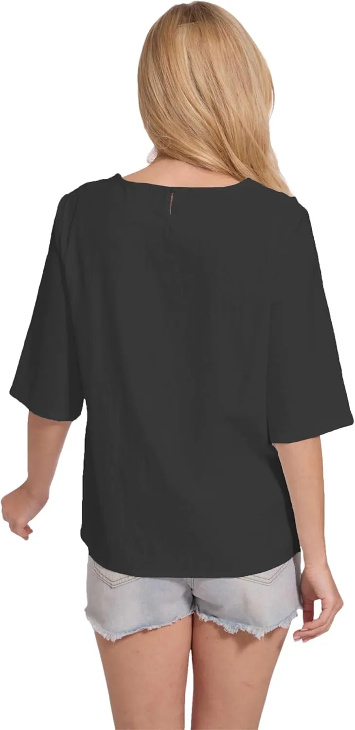 Womens Oversized Cotton Linen Shirt Summer 3/4 Sleeve Crew Neck Loose Fit Solid Casual Blouse Tops