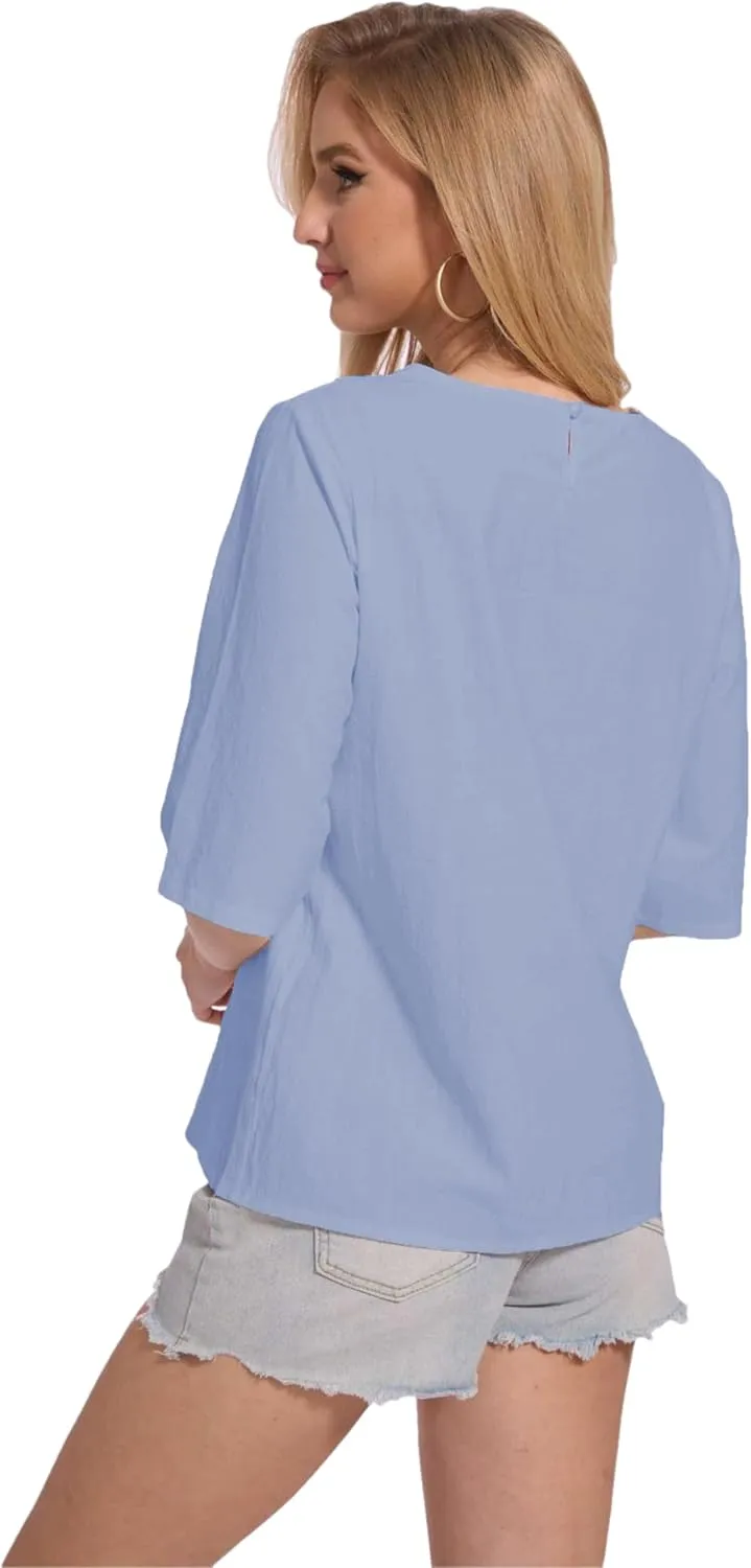 Womens Oversized Cotton Linen Shirt Summer 3/4 Sleeve Crew Neck Loose Fit Solid Casual Blouse Tops