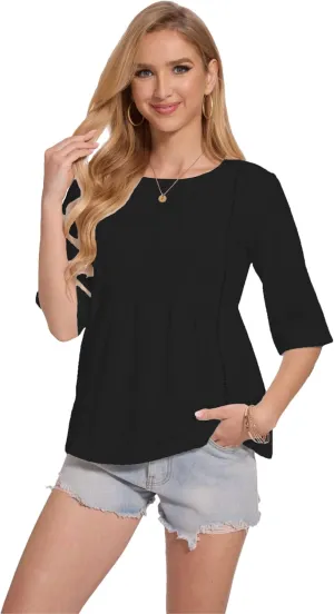 Womens Oversized Cotton Linen Shirt Summer 3/4 Sleeve Crew Neck Loose Fit Solid Casual Blouse Tops