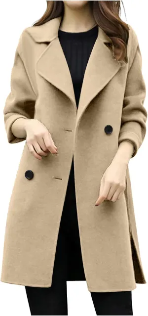 Women's Pea Coat Double Breasted Notched Lapel Wool Coats Casual Open Front Trench Coat Long Outerwear with Belt