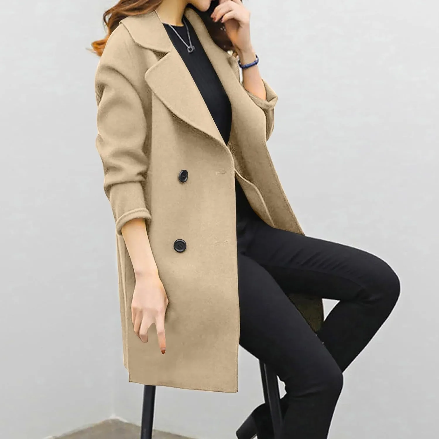 Women's Pea Coat Double Breasted Notched Lapel Wool Coats Casual Open Front Trench Coat Long Outerwear with Belt