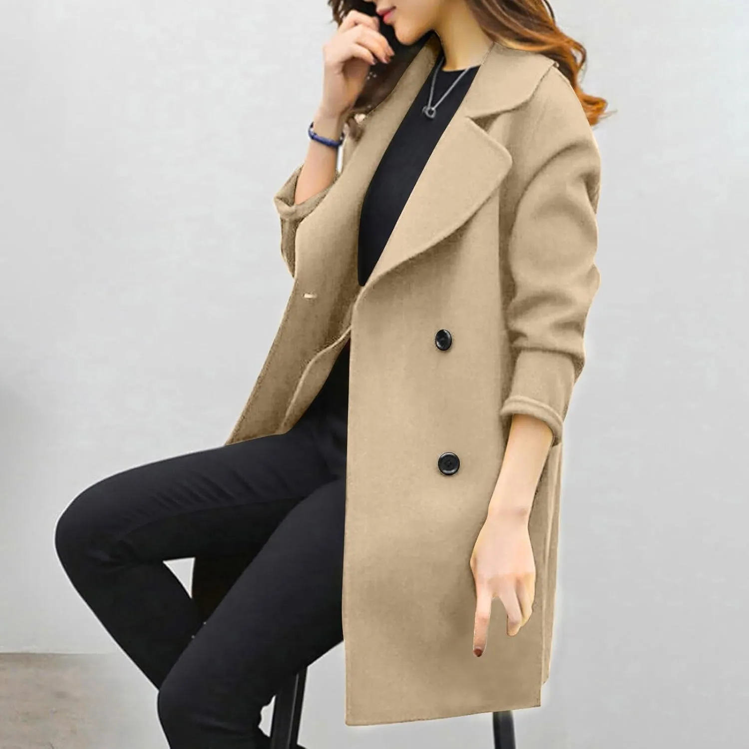 Women's Pea Coat Double Breasted Notched Lapel Wool Coats Casual Open Front Trench Coat Long Outerwear with Belt