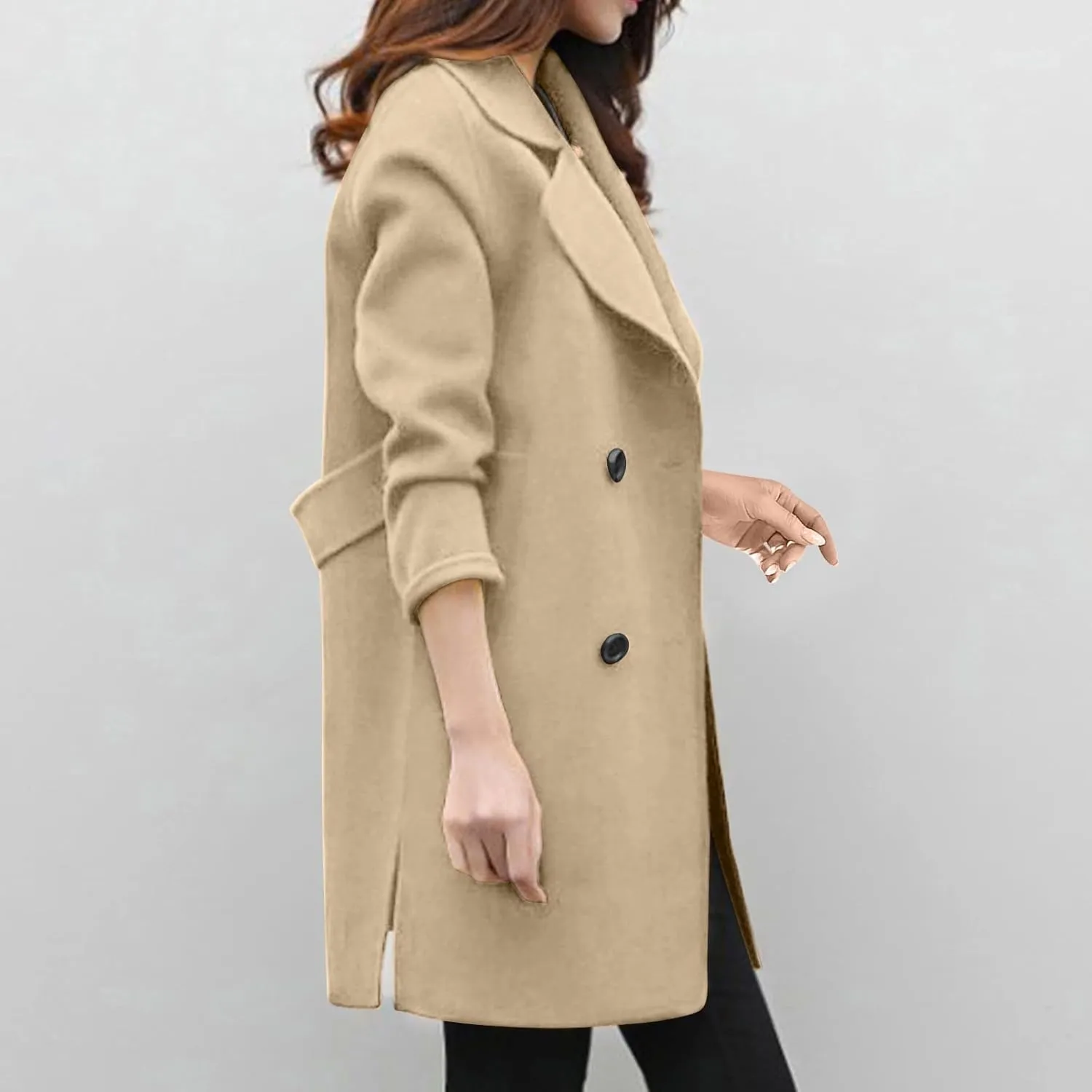 Women's Pea Coat Double Breasted Notched Lapel Wool Coats Casual Open Front Trench Coat Long Outerwear with Belt