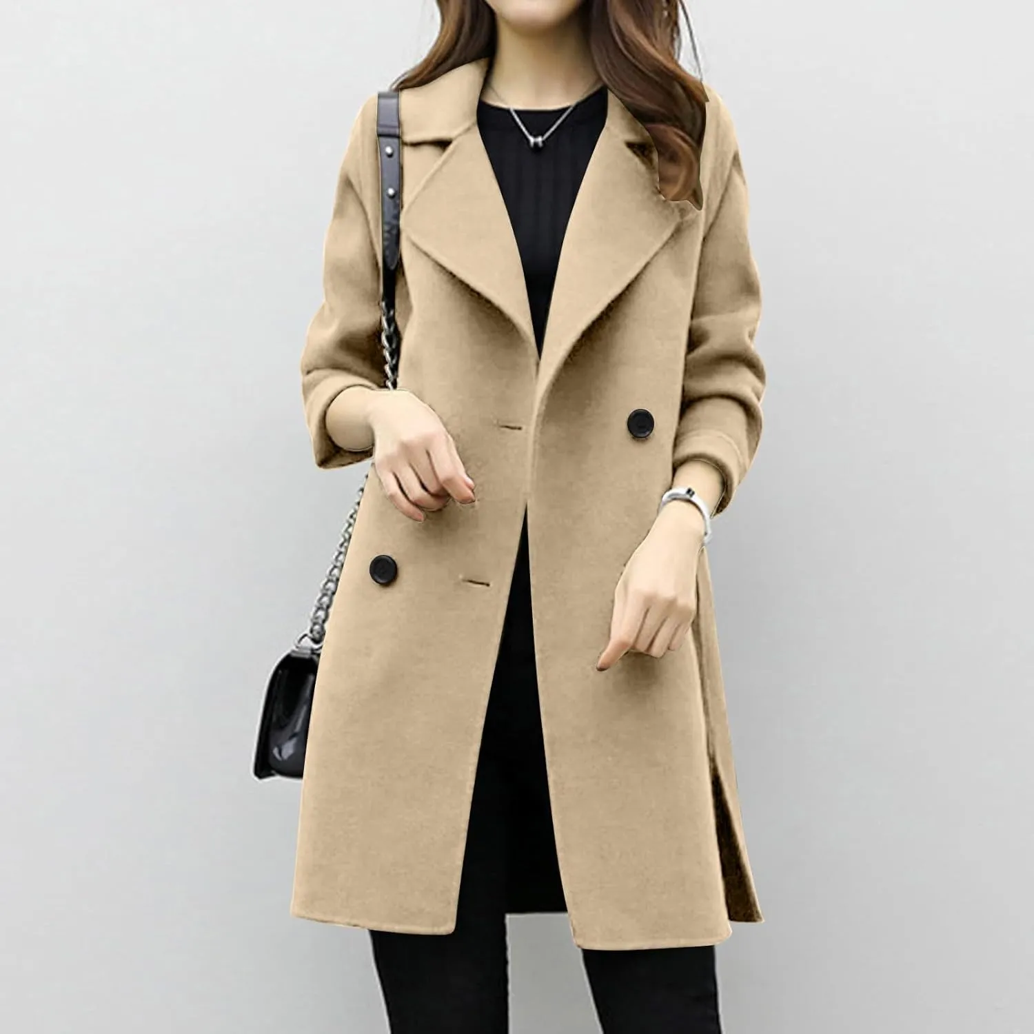 Women's Pea Coat Double Breasted Notched Lapel Wool Coats Casual Open Front Trench Coat Long Outerwear with Belt