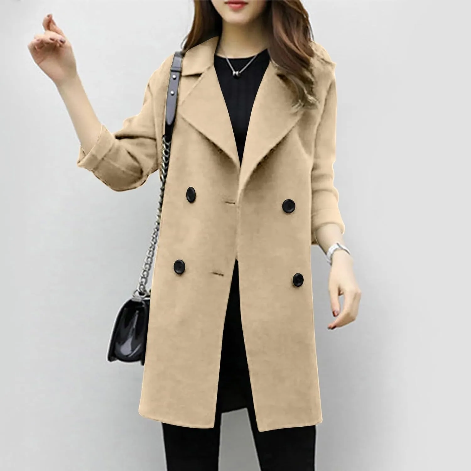 Women's Pea Coat Double Breasted Notched Lapel Wool Coats Casual Open Front Trench Coat Long Outerwear with Belt