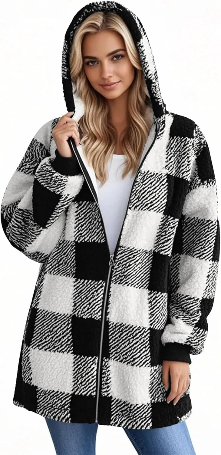 Womens Plaid Flannel Fleece Jackets Fall Winter Sherpa Shackets Long Sleeve Button Down Coats Shirt Casual Jacket