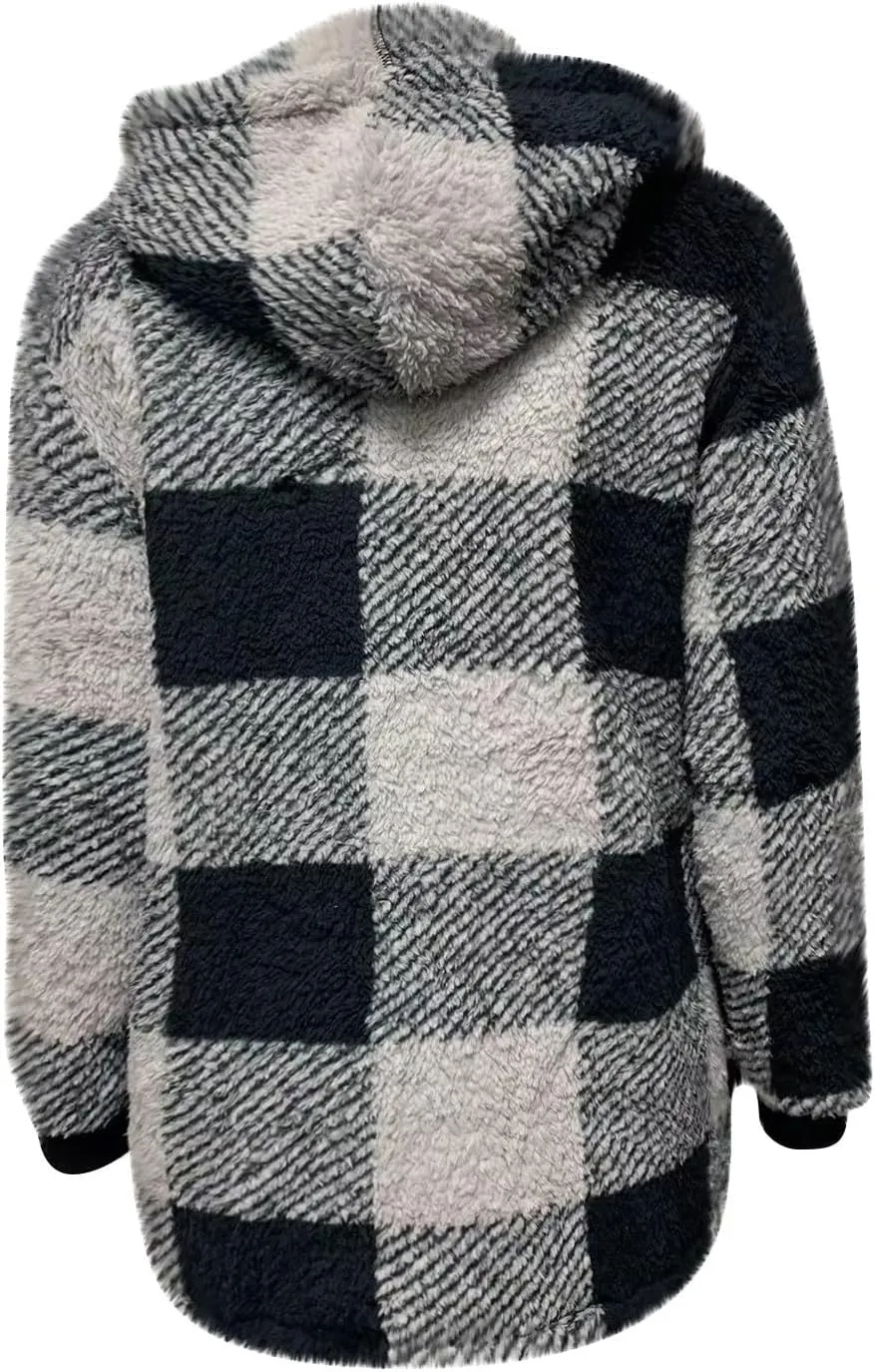 Womens Plaid Flannel Fleece Jackets Fall Winter Sherpa Shackets Long Sleeve Button Down Coats Shirt Casual Jacket