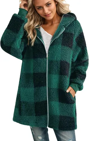 Womens Plaid Flannel Fleece Jackets Fall Winter Sherpa Shackets Long Sleeve Button Down Coats Shirt Casual Jacket