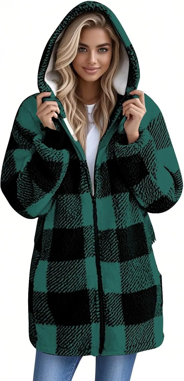 Womens Plaid Flannel Fleece Jackets Fall Winter Sherpa Shackets Long Sleeve Button Down Coats Shirt Casual Jacket