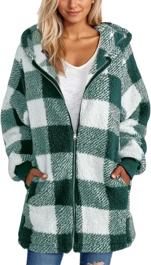 Womens Plaid Flannel Fleece Jackets Fall Winter Sherpa Shackets Long Sleeve Button Down Coats Shirt Casual Jacket