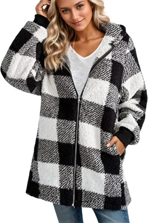Womens Plaid Flannel Fleece Jackets Fall Winter Sherpa Shackets Long Sleeve Button Down Coats Shirt Casual Jacket