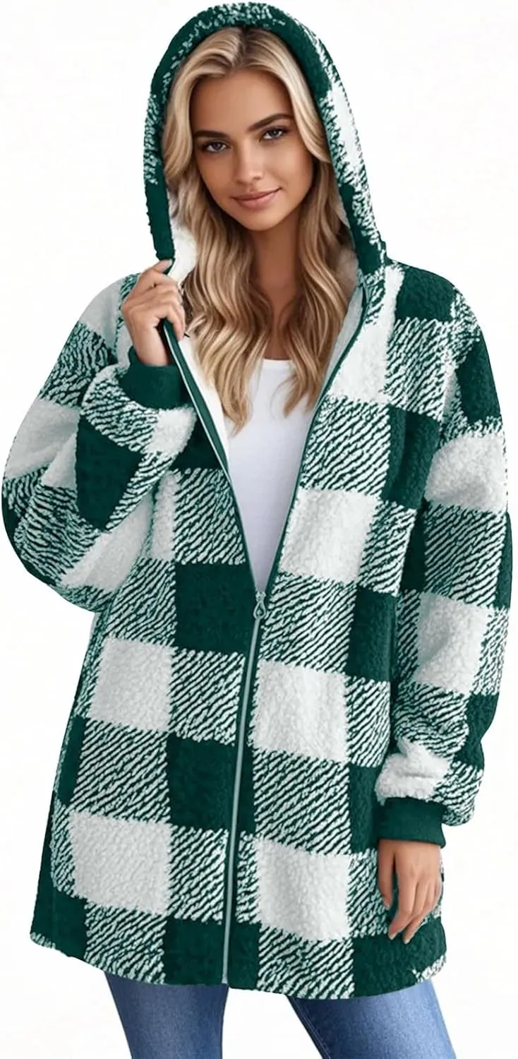 Womens Plaid Flannel Fleece Jackets Fall Winter Sherpa Shackets Long Sleeve Button Down Coats Shirt Casual Jacket
