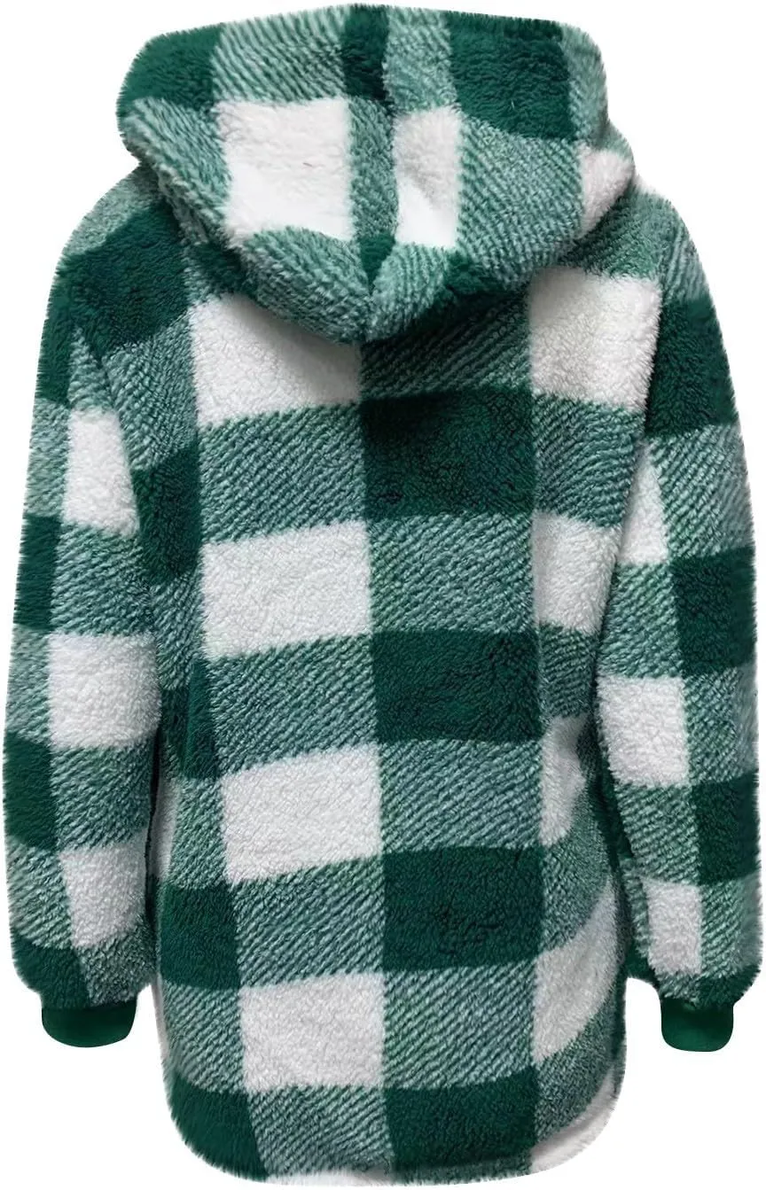 Womens Plaid Flannel Fleece Jackets Fall Winter Sherpa Shackets Long Sleeve Button Down Coats Shirt Casual Jacket
