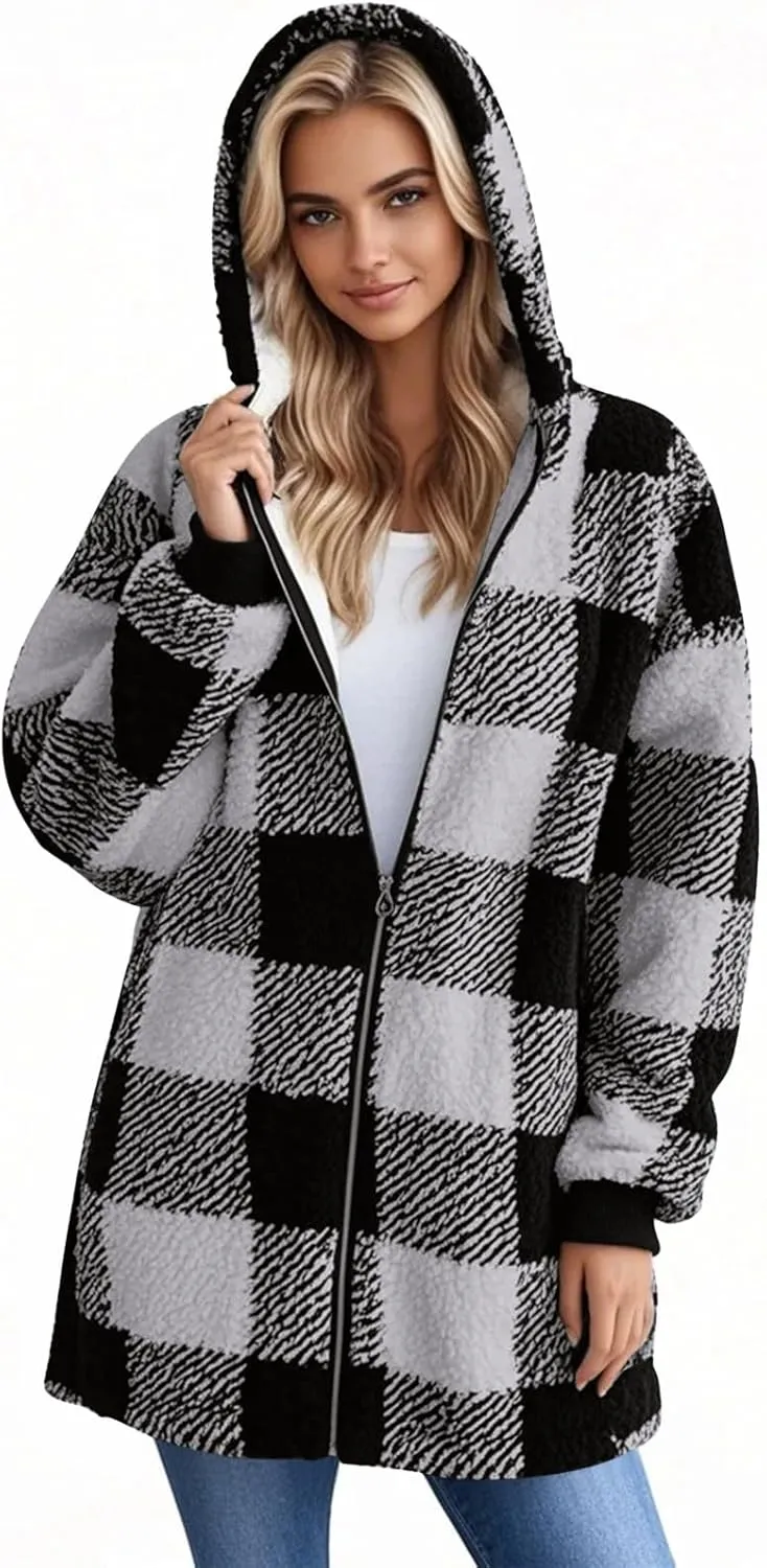 Womens Plaid Flannel Fleece Jackets Fall Winter Sherpa Shackets Long Sleeve Button Down Coats Shirt Casual Jacket