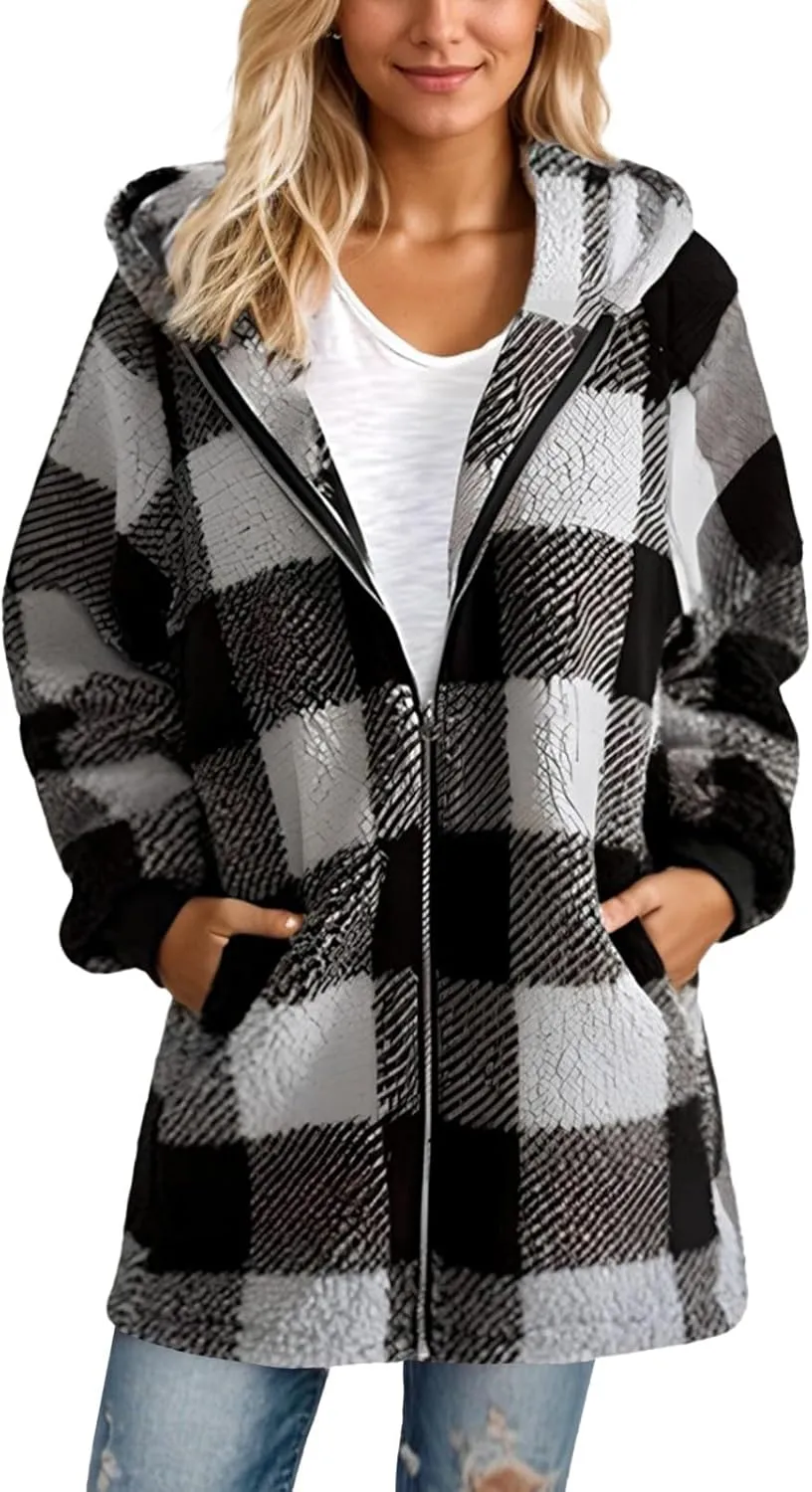 Womens Plaid Flannel Fleece Jackets Fall Winter Sherpa Shackets Long Sleeve Button Down Coats Shirt Casual Jacket