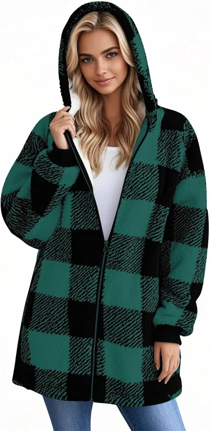 Womens Plaid Flannel Fleece Jackets Fall Winter Sherpa Shackets Long Sleeve Button Down Coats Shirt Casual Jacket